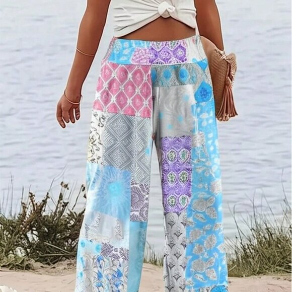 Blue Bohemian Women's Floral Print Ditsy Patchwork High Waist Loose Pants - Picture 1 of 4